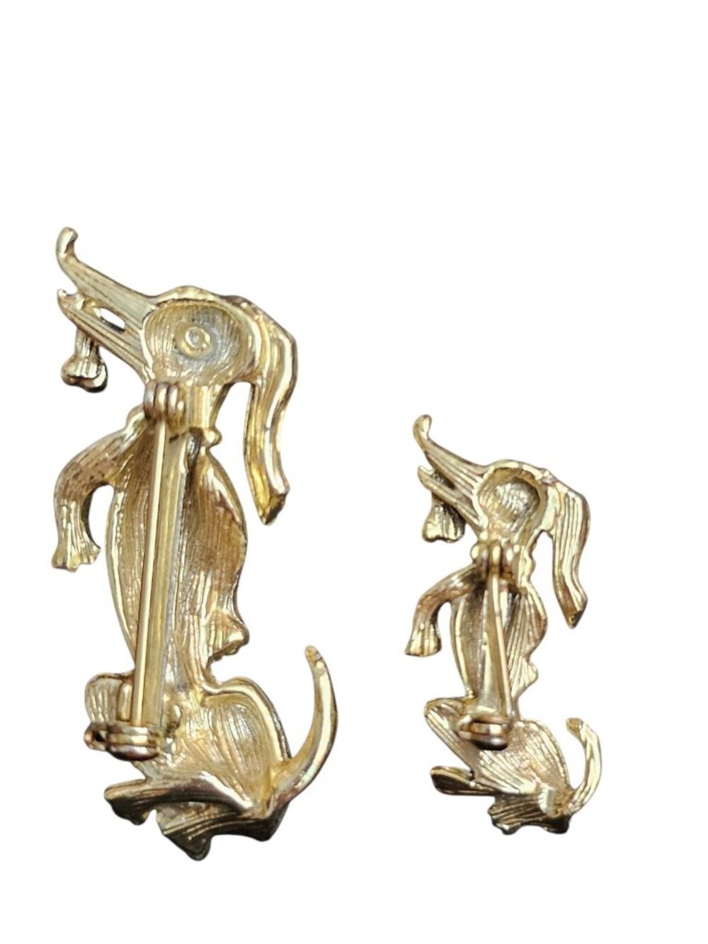 Vintage Gold Tone Dog Brooch Pair Amber Lucite Eye Rhinestone Mid Century - Picture 2 of 4